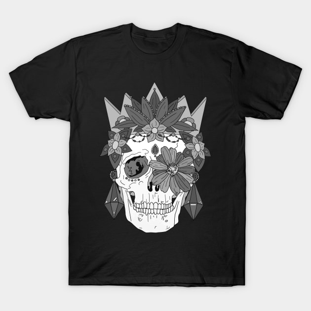 Royal Dead, Floral Crown Greyscale Sugar Skull T-Shirt by bblane